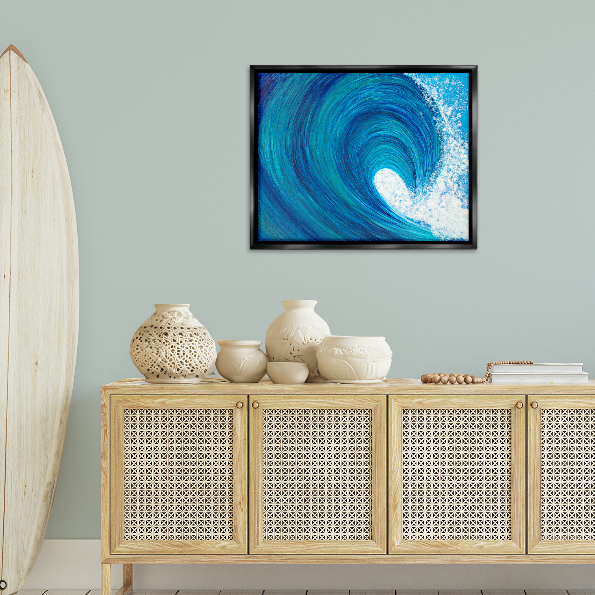 Stupell Industries Swirling Ocean Wave Coastal Painting Black Floater Framed Canvas Art Print Wall Art, 31 x 25