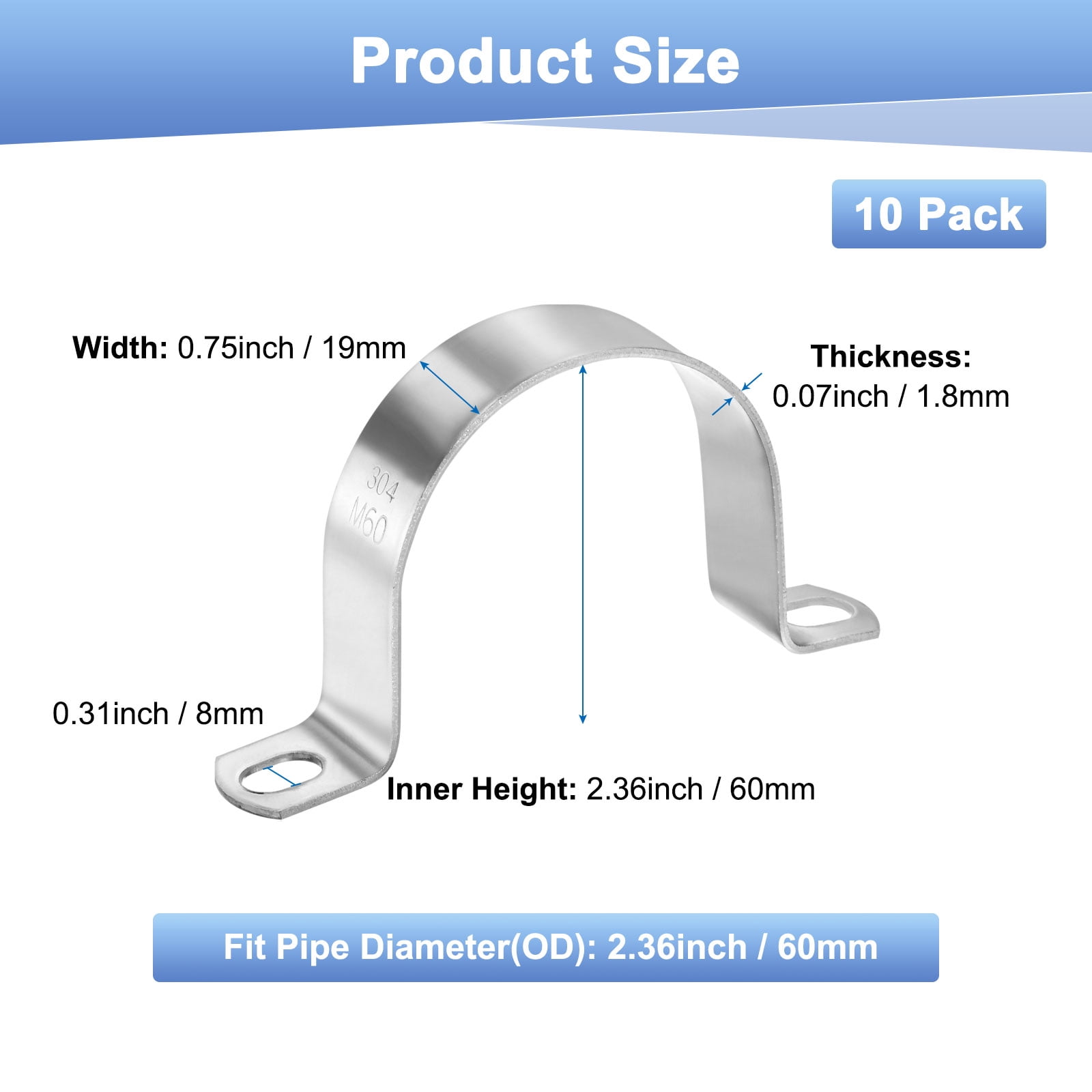 Uxcell 10-Pack Conduit Clamps, 2-3/8" 304 Stainless Steel Rigid Pipe Strap M60 U Bracket Pipe Clamps for Plumbing