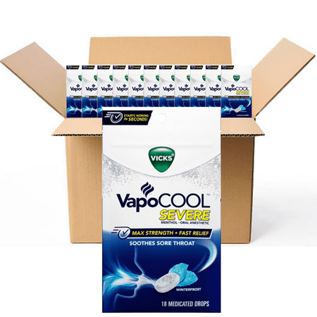 Vicks VapoCool WINTER FROST Severe Menthol Drops MAX STRENGTH cold Medicine for Sore Throat Remedy 18 Per Pouch (CASE OF 12)