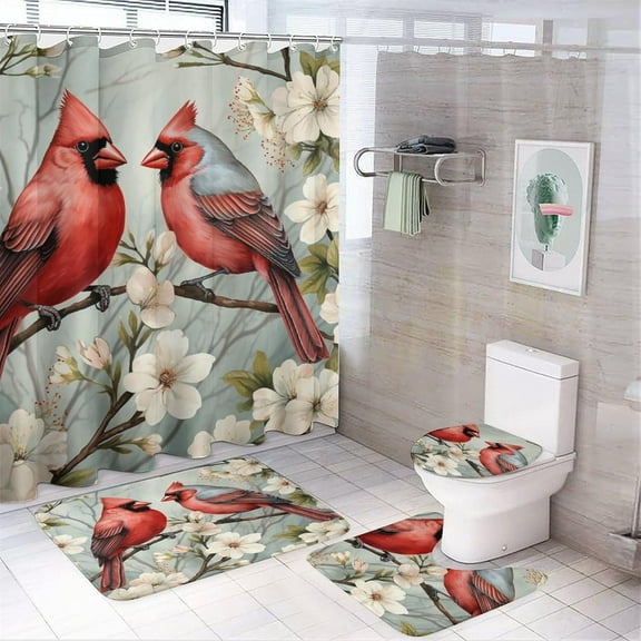 4 Piece Decor Shower Curtains Sets Cardinals Redbird Dogwoods with Rugs Include Waterproof Shower Curtain Non-Slip Rug Toilet Lid Cover Bath Mat Christmas Cardinal 12 Hooks for Bathtub Decor