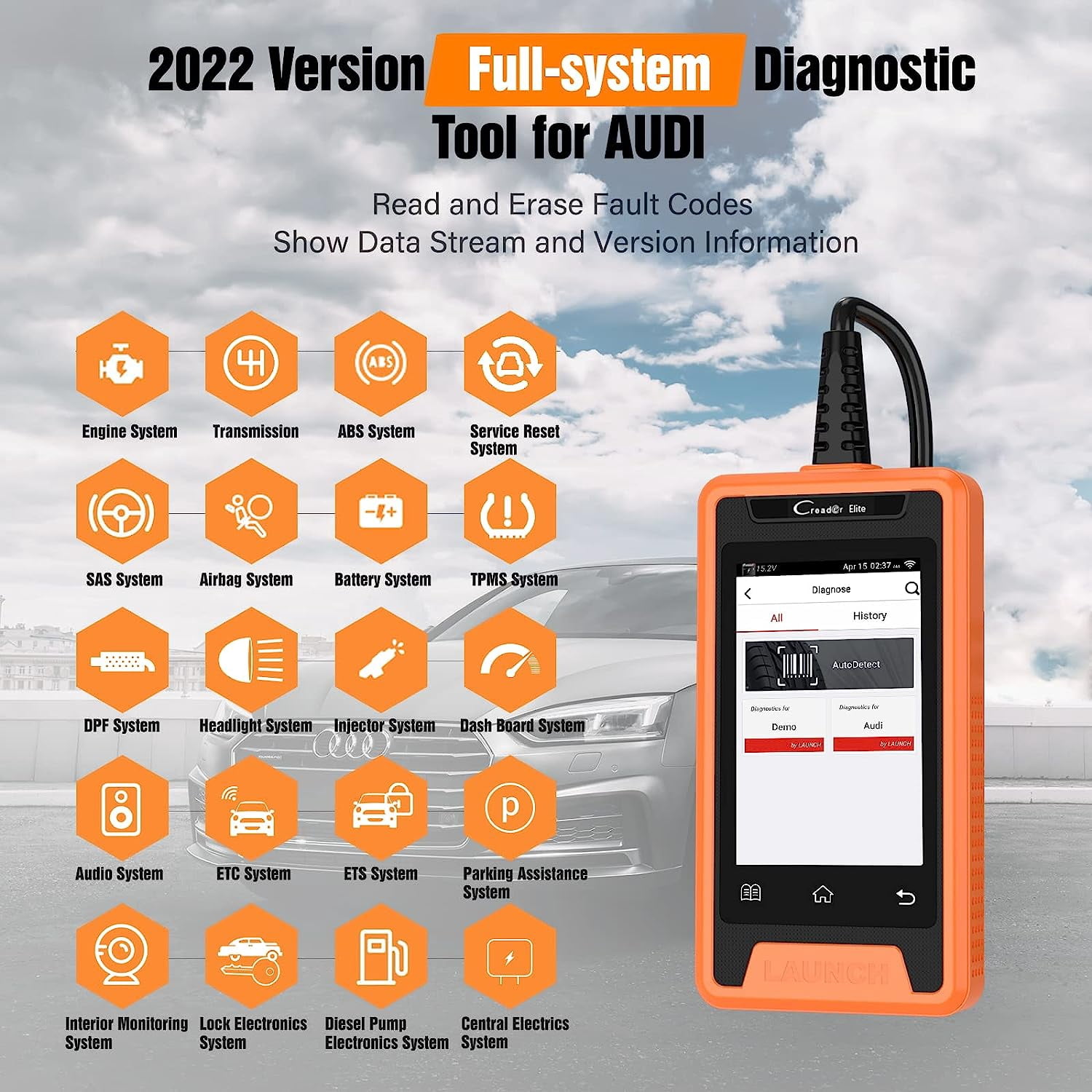 LAUNCH Code Reader for AUDI, Enhanced Full-Systems Diagnostic Scanner with Online Coding and Bi-Directional, VAG Guided Function Transmission EPB ABS SRS DPF TPMS Check Engine Oil Service, WIFI Update