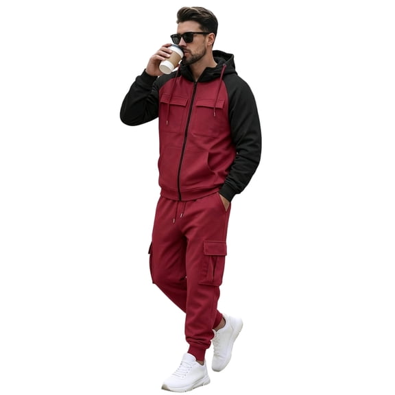Men's Active Tracksuits 2 Piece Sports Suits Set, Color Block Long Sleeve Full Zip Hoodies with Cargo Joggers Pants, Casual Outfits for Street & Daily Wear Deep Red XXL