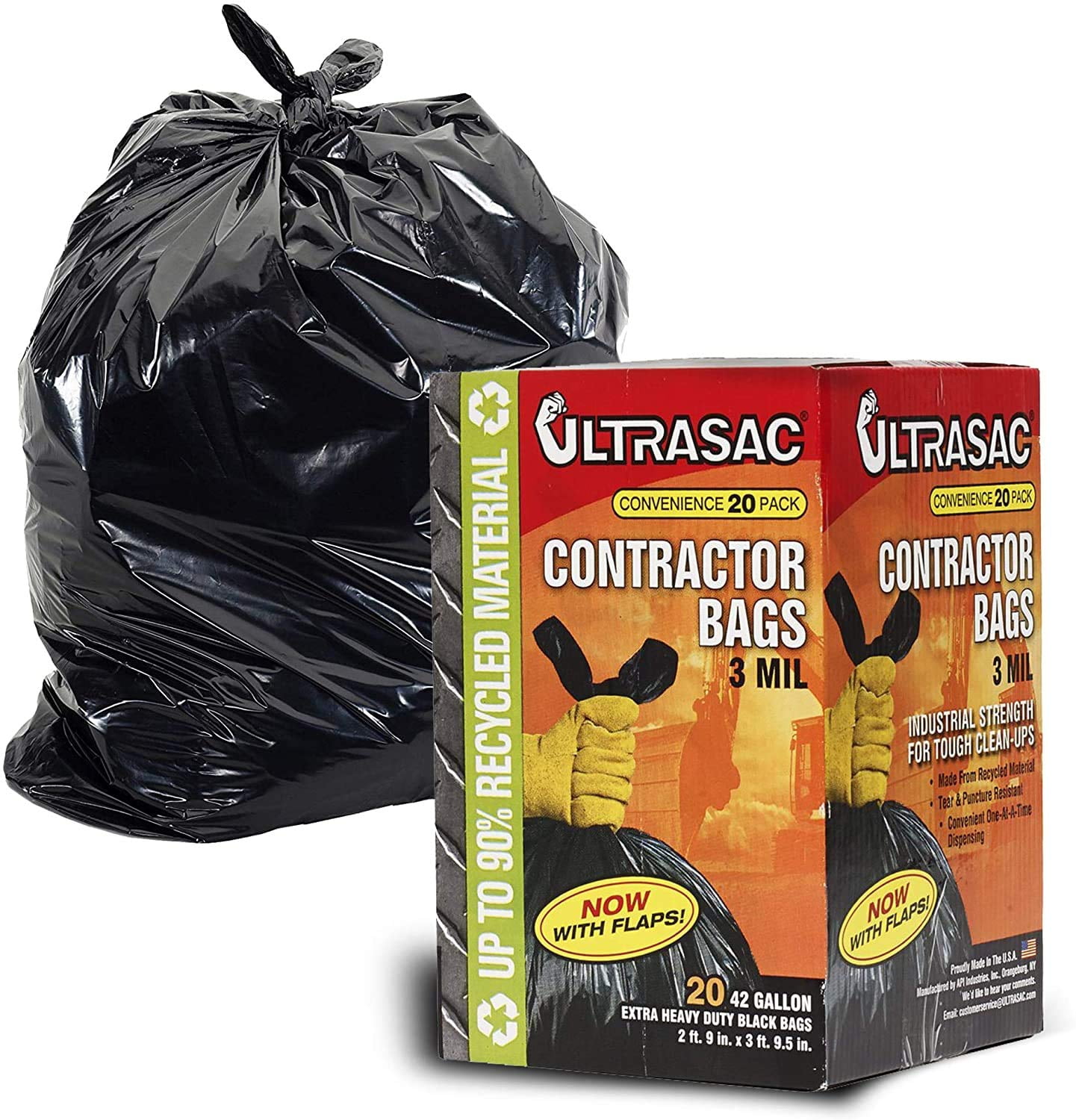 Contractor Bags by UltraSac 42 Gallon (20 PACK /w FLAP TIES), 2 ft. 9