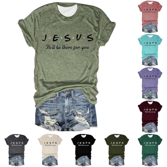Trendfront Womens Jesus Letter Print Tee Graphic T-Shirts Casual Crewneck Short Sleeve Tops Summer Fashion Slogan Stylish Daily Clothing