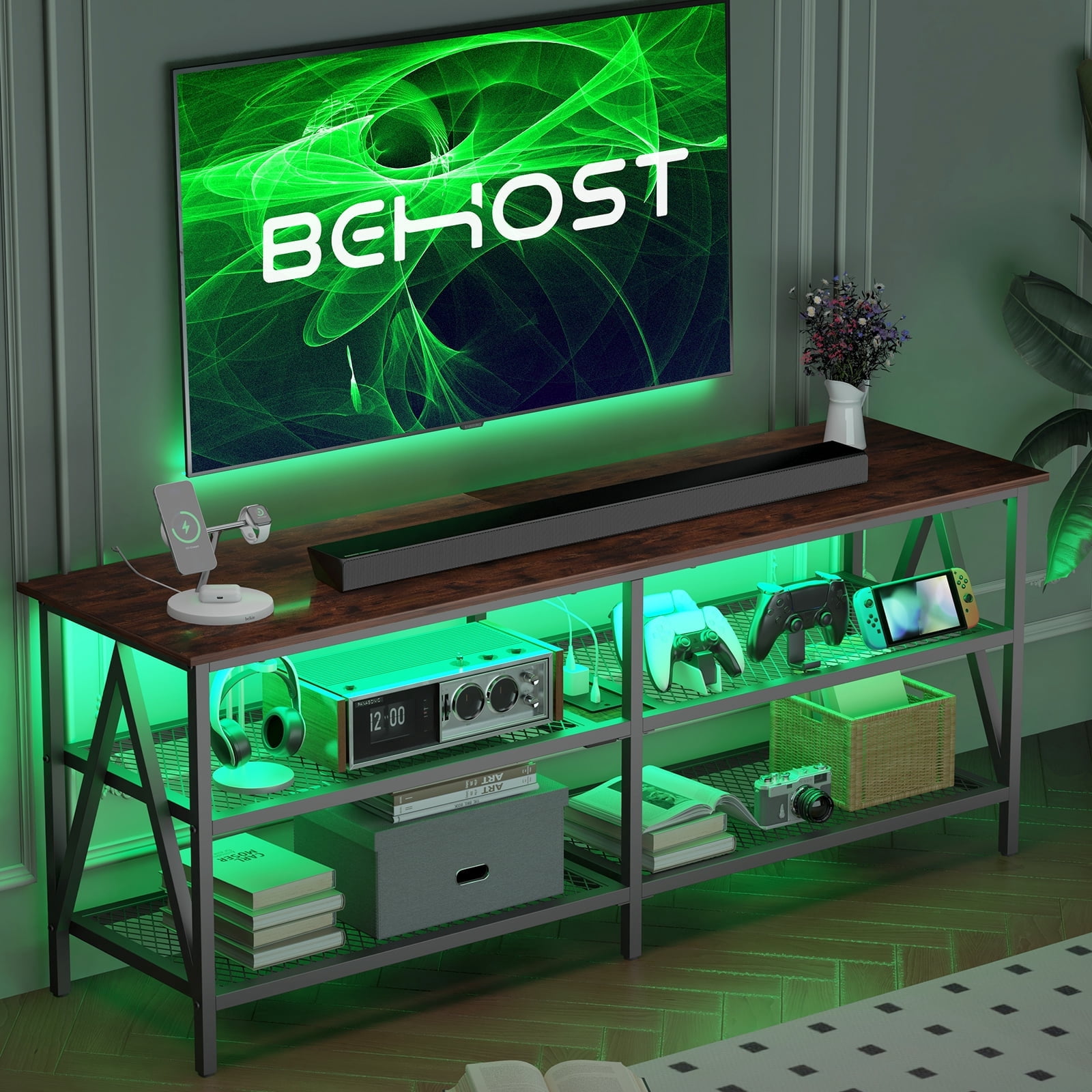 Behost TV Stand for 65 inch TV, TV Cabinet with 20 Colors LED Lights for Living Room, Brown