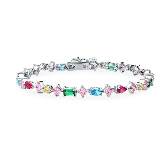 BERRICLE Sterling Silver Cluster Simulated Emerald Cubic Zirconia CZ Fashion Tennis Bracelet for Women, Rhodium Plated, 6.5 inch
