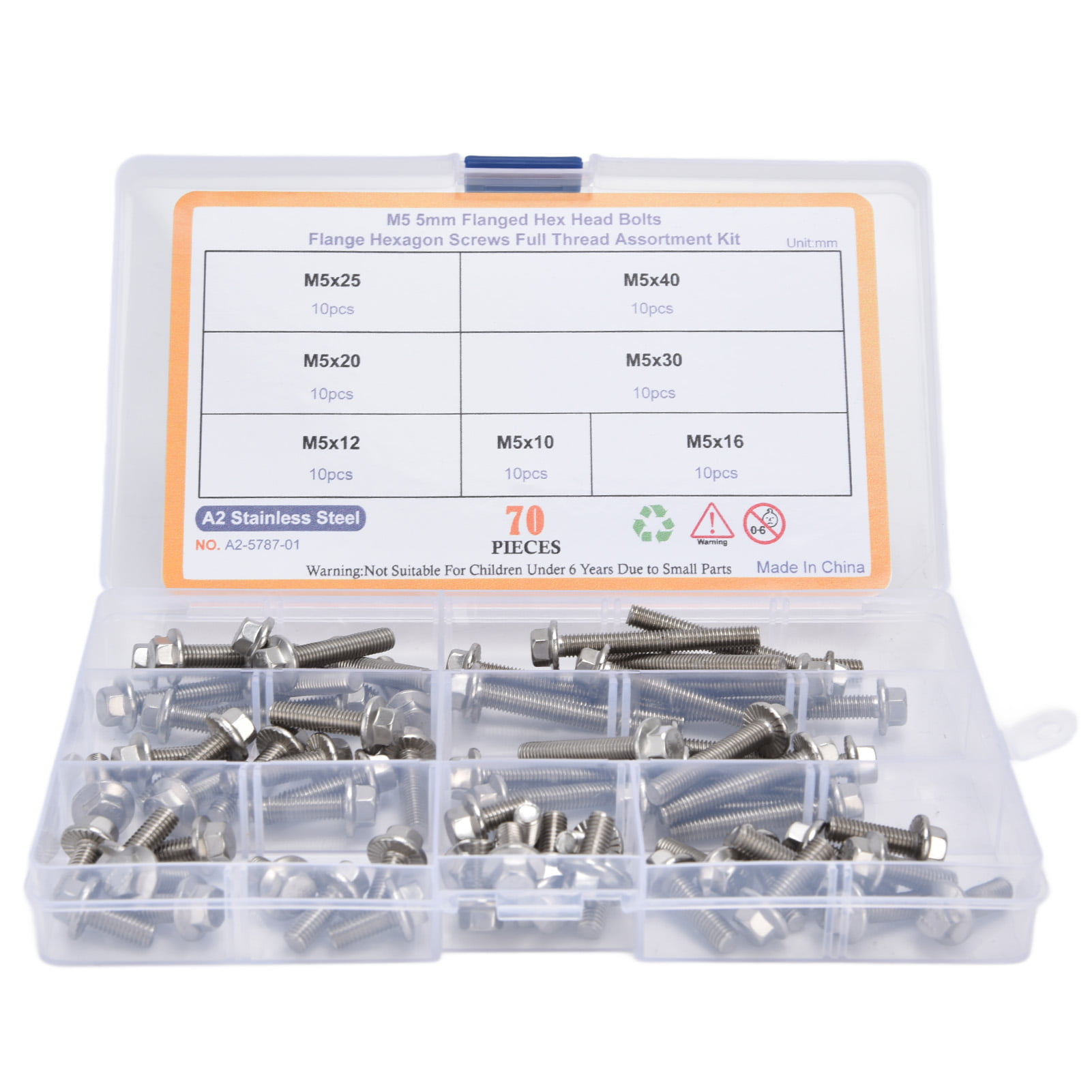 M5 Assortment Kit, Hex Flange 304 Stainless Steel Screw Fasteners Rustproof  For Machinery Production For Electrical Repair