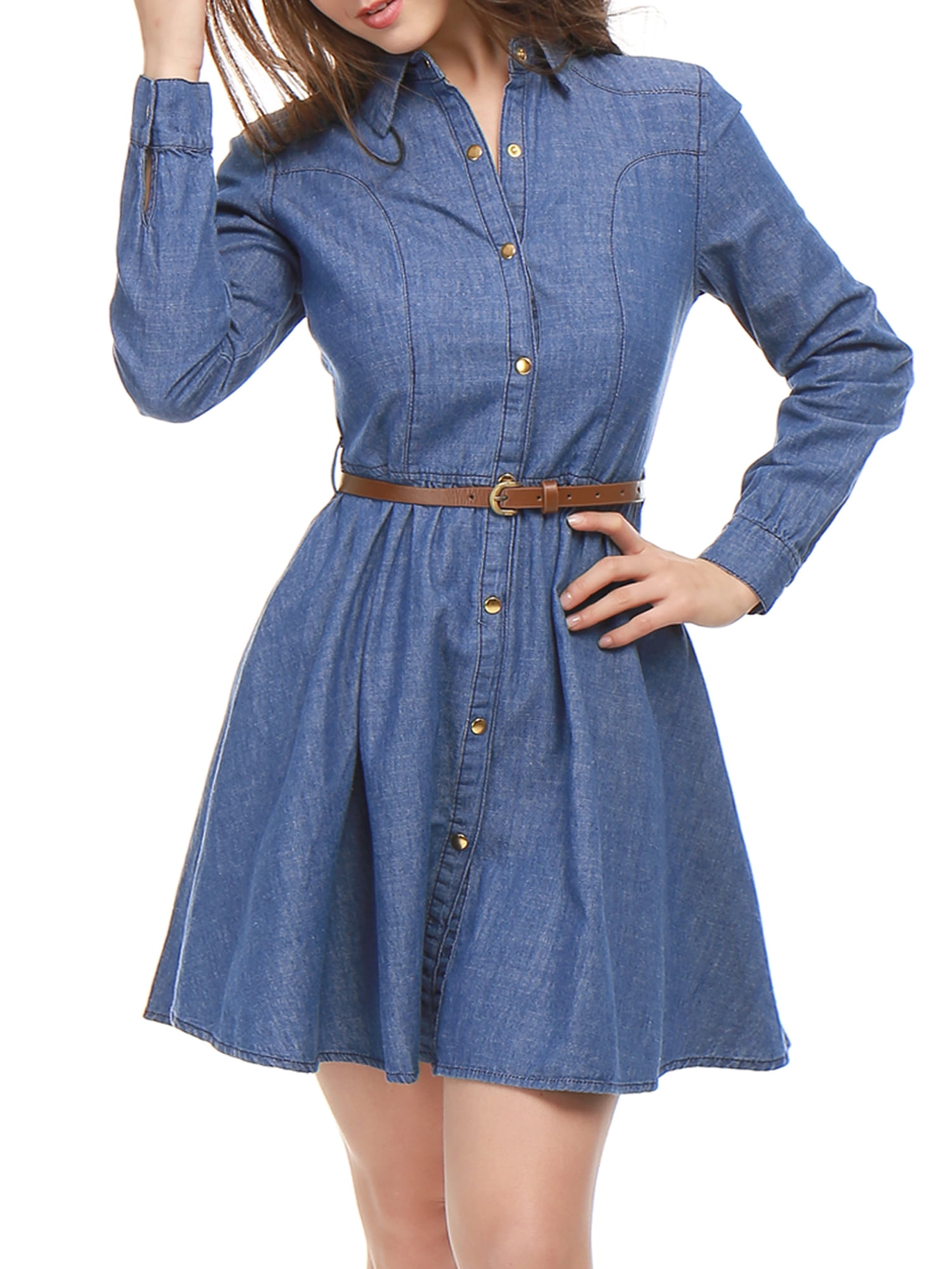 Women's Solid Blue Shirt Above Knee Denim Dress