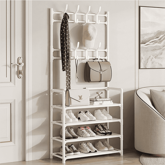 HioHa Coat and Shoe Rack, 24x10x61 inch Hall Tree for Entryway with 4-Tier Storage Shelves,Storage Organizer with 8 Hooks for Bedroom, Hallway, Office, White