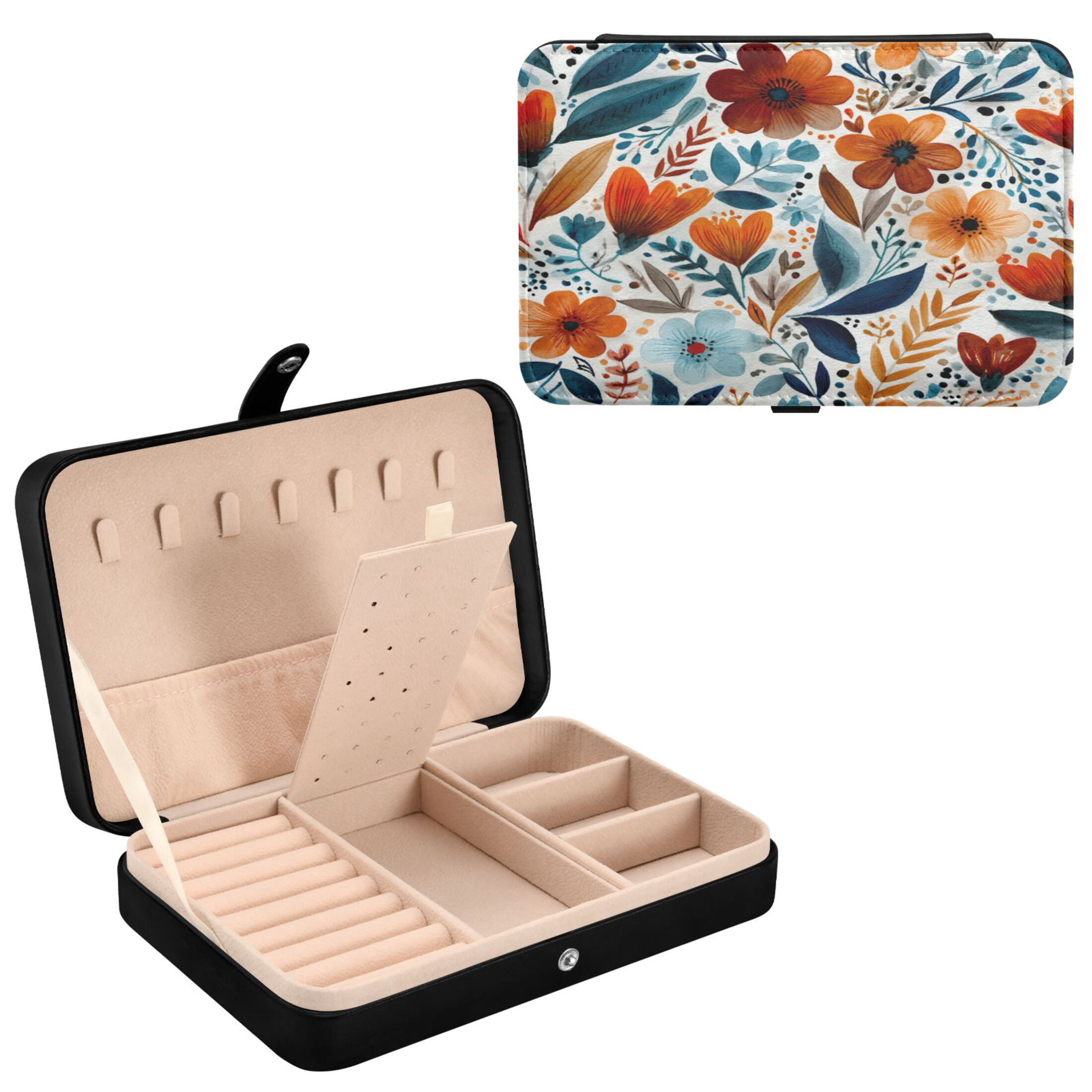 Leather Jewelry Box Rectangular 8.27x5.5x1.78In Travel Jewelry Storage Earrings Necklace Bracelet Watch Brooch Storage Watercolor Beautiful Flowers