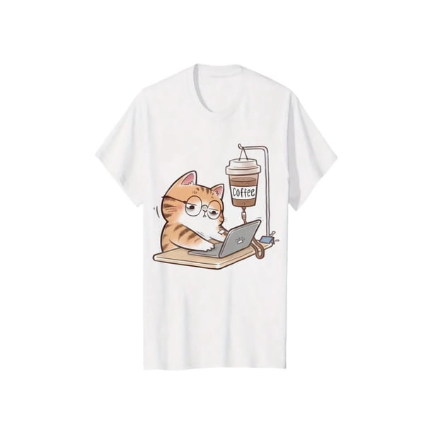 Summer-Ready Loose Fit Women's T-Shirt – Fun Cat & Coffee Graphic for any occasion