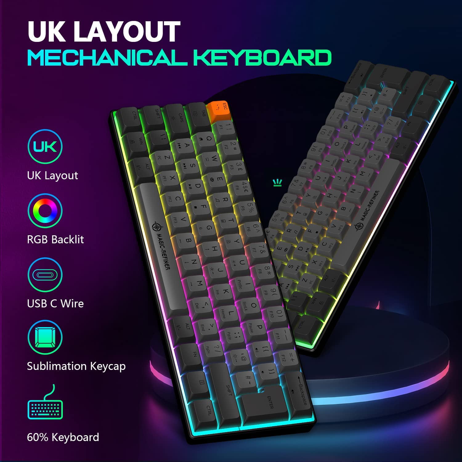 MAGIC-REFINER MK21 AKKO World Tour 60% Wired Mechanical Gaming Keyboard  with RGB Backlight, Dye Sublimation PBT Keycaps, NKRO Programmable Red  Switch for PC Mac PS4 Xbox one 
