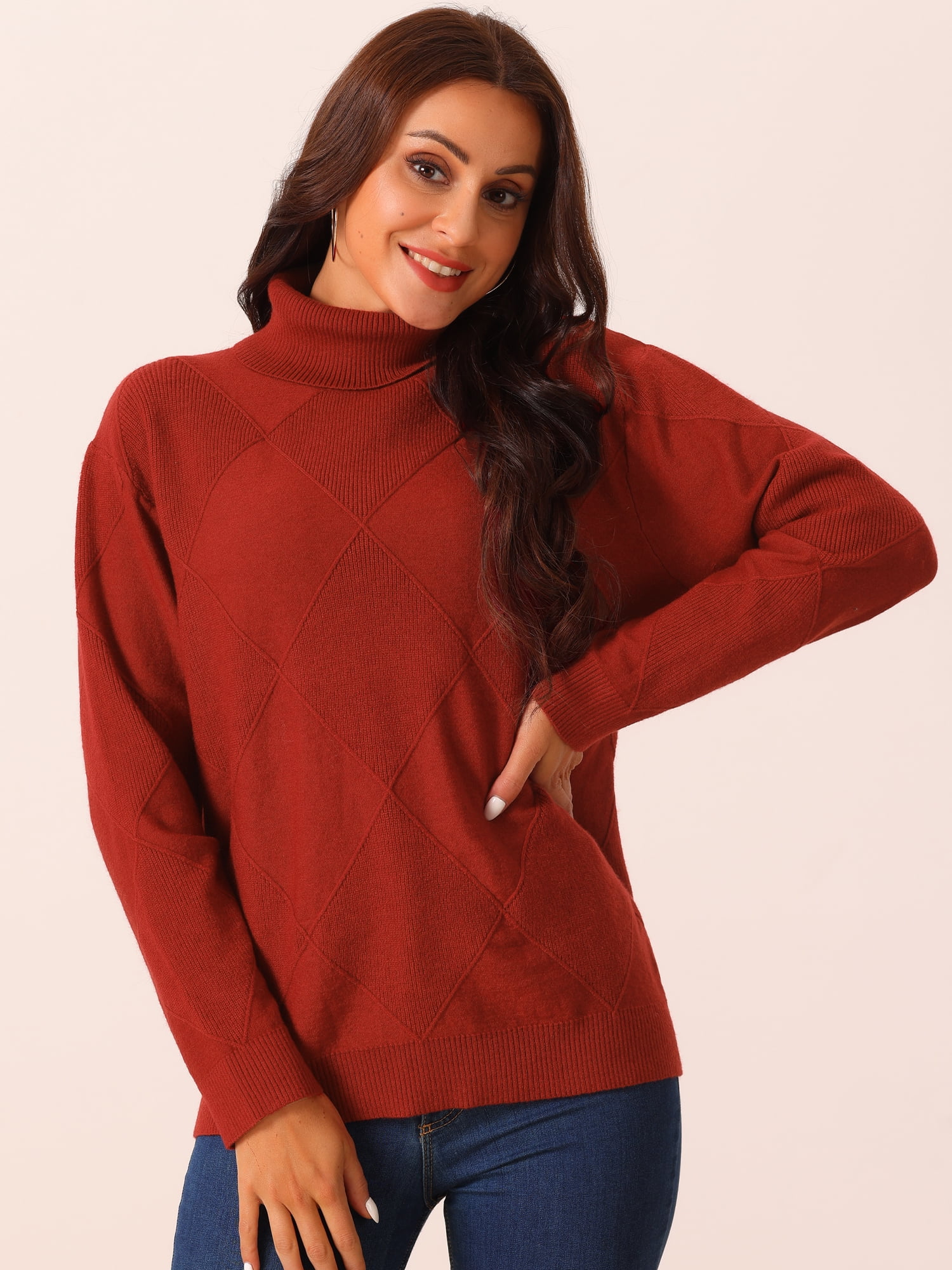 DARING DIVA Turtleneck Sweater Long Sleeve Knitted Pullover Basic M Red