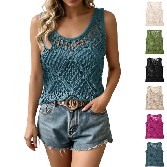 XINXIAOO Women's Summer Crochet Tank Tops Knit Sleeveless Scoop Neck Sweater Vest Boho Hollow Out Cover Ups, Size S