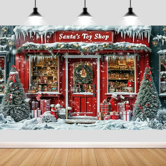 20X10ft Christmas Santa's Toy Shop Photo Backdrop, Winter Snow Red Santa's Toy Shop Photography Backdrop Background for Kids Family Xmas Holiday Party Decoration Portrait Photo Studio Props,muti1