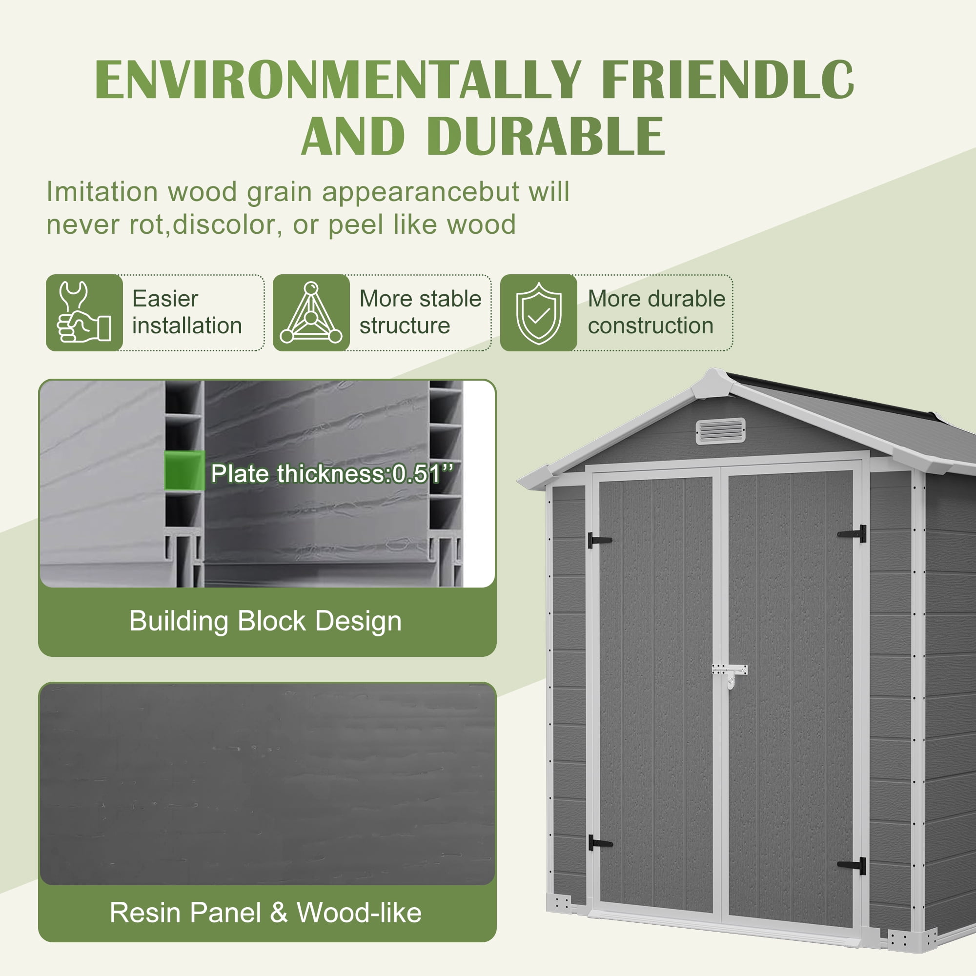 LZBEITEM 6' x 6' Plastic Outdoor Storage Shed with Floor, Resin Tool Shed Heavy Duty with Window and Lockable Door, Colorfast, for Garden Backyard 32 sq.ft