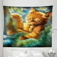 thumbnail image 1 of Cat Tapestry, Fantasy Painting Radiant Orange Cartoon Cat Peacock Feather Bird Dreamy, Fabric Wall Hanging Decor for Bedroom Living Room Dorm, 5 Sizes, Orange Green Blue, by Ambesonne, 1 of 1