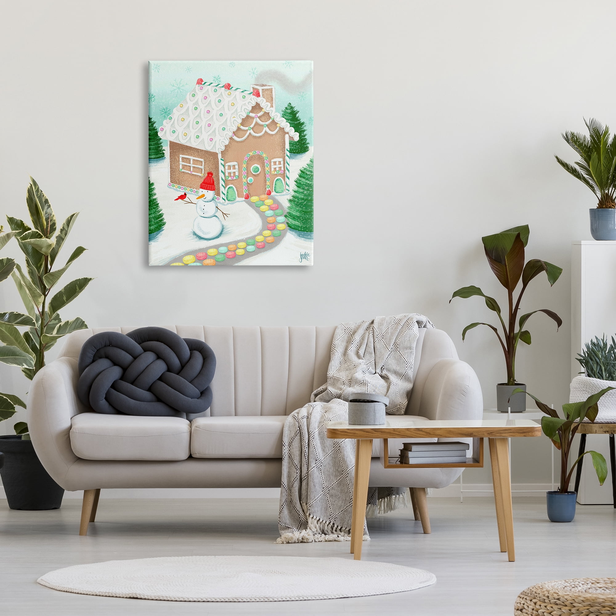 Stupell Industries Playful Gingerbread House Christmas Landscape Happy Snowman Landscape Painting Gallery Wrapped Canvas Print Wall Art, 30 x 40