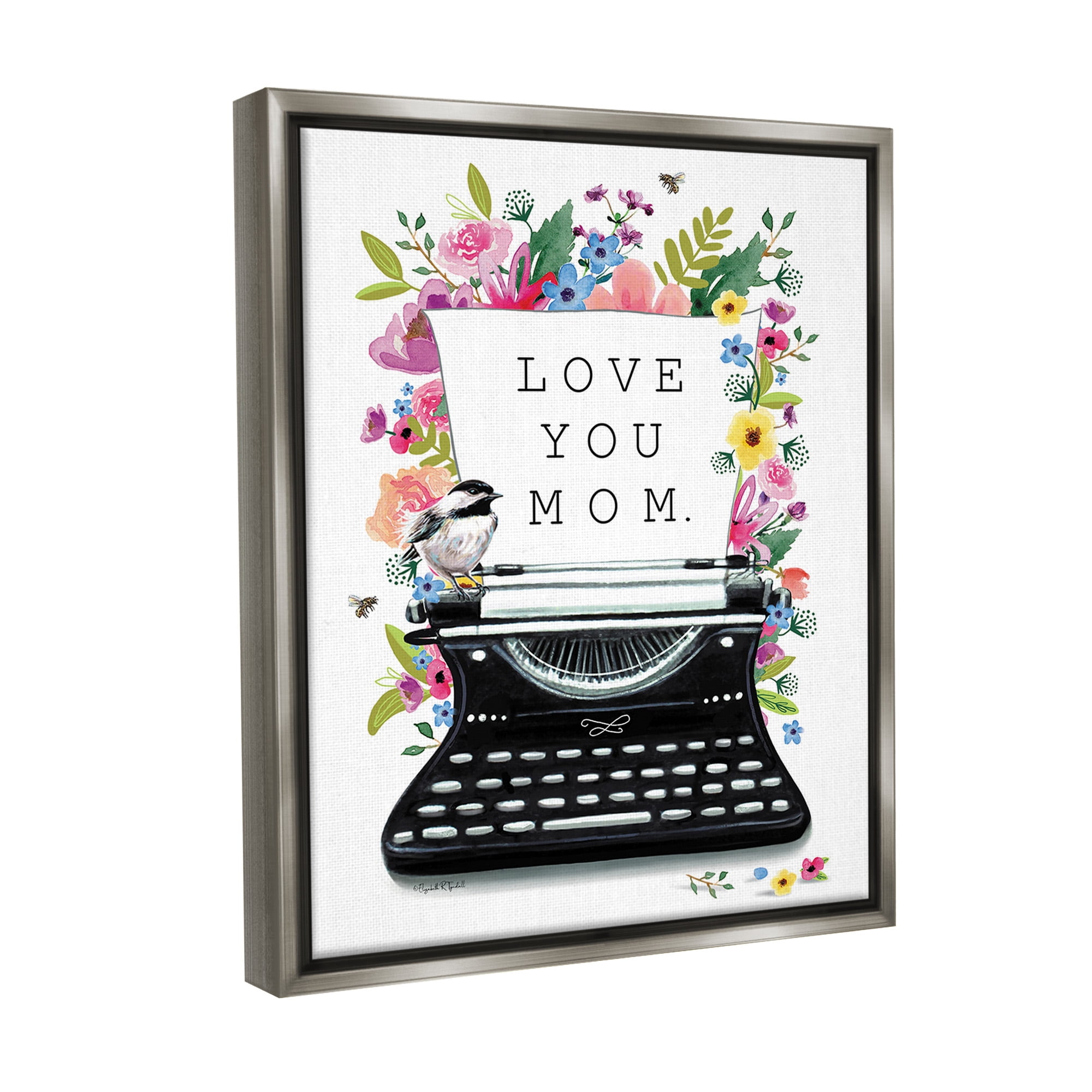 Stupell Industries Love You Mom Typewriter Botanical & Floral Painting Gray Floater Framed Canvas Art Print Wall Art, 25 x 31