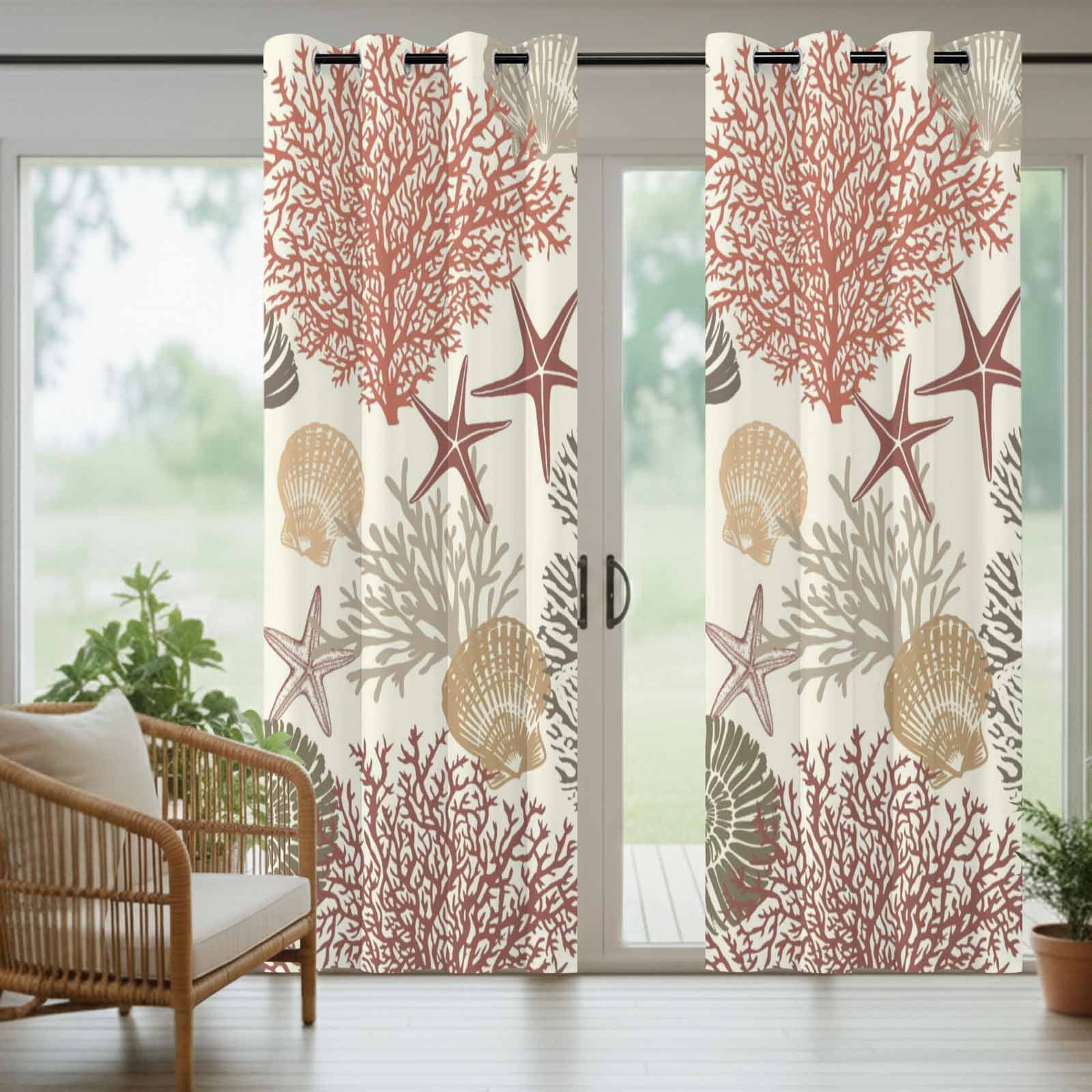 Summer Marine Life Outdoor Curtains for Patio, Ocean Coral Conch Silhouette Graffiti Starfish Sunshade Privacy Drapes Grommet Waterproof Outside Curtains for Porch/Cabana/Balcony 54"x 108", 1 Panel