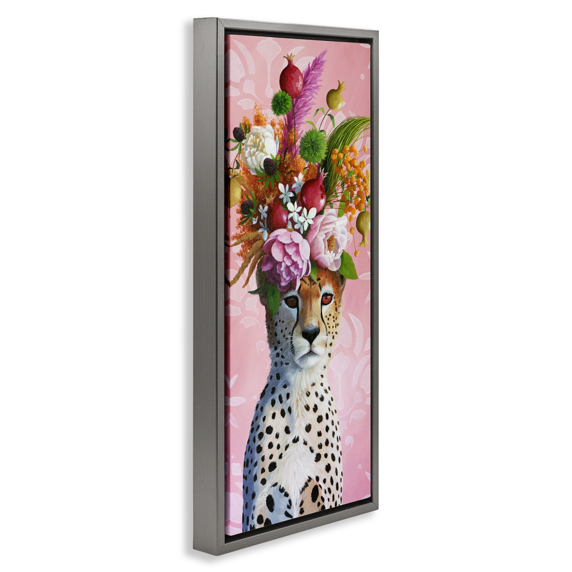 Serious Cheetah & Florals Gray Framed Floater Canvas Wall Art, design by Heather Gauthier