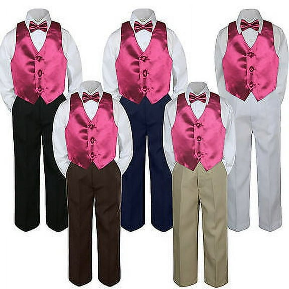 4pc Boy Suit Set Burgundy Maroon Bow Tie Vest Baby Toddler Kid Formal Pants S-7