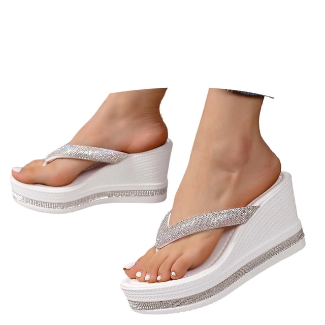 Platform Slide Sandals with Rhinestone Comfortable Summer Toe Post Slippers Thick Sole Stylish Casual Non Slip