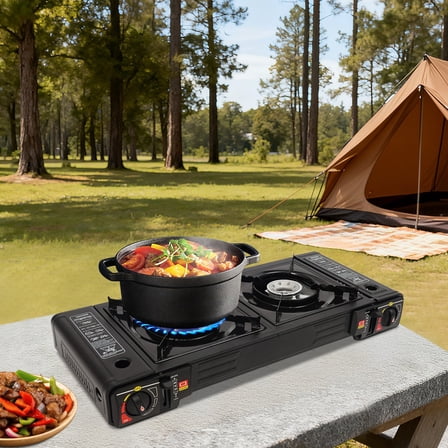 ToppiJoy Portable 2-Burner Camping Stove, Butane Camp Stove with Baking Tray, Countertop Outdoor Gas Stove with Carrying Case, Piezoelectric Ignition, Gas Powered, for Camping, BBQ, Picnic