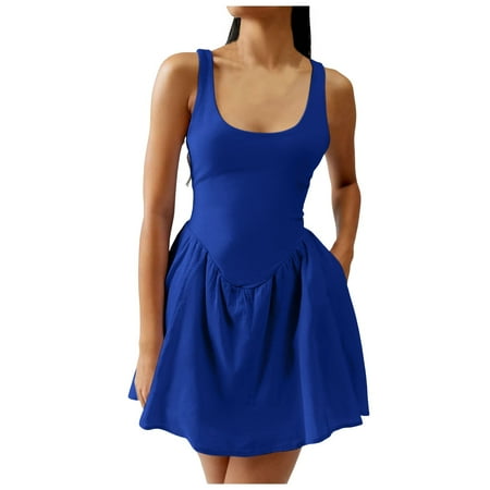 ZHAGHMIN High Neck Backless Dress Stretchy Tennis Dresses for Women with Built In Shorts and Bra Pockets Scoop Neck Sleeveless Workout Dresses Blue SizeXXL