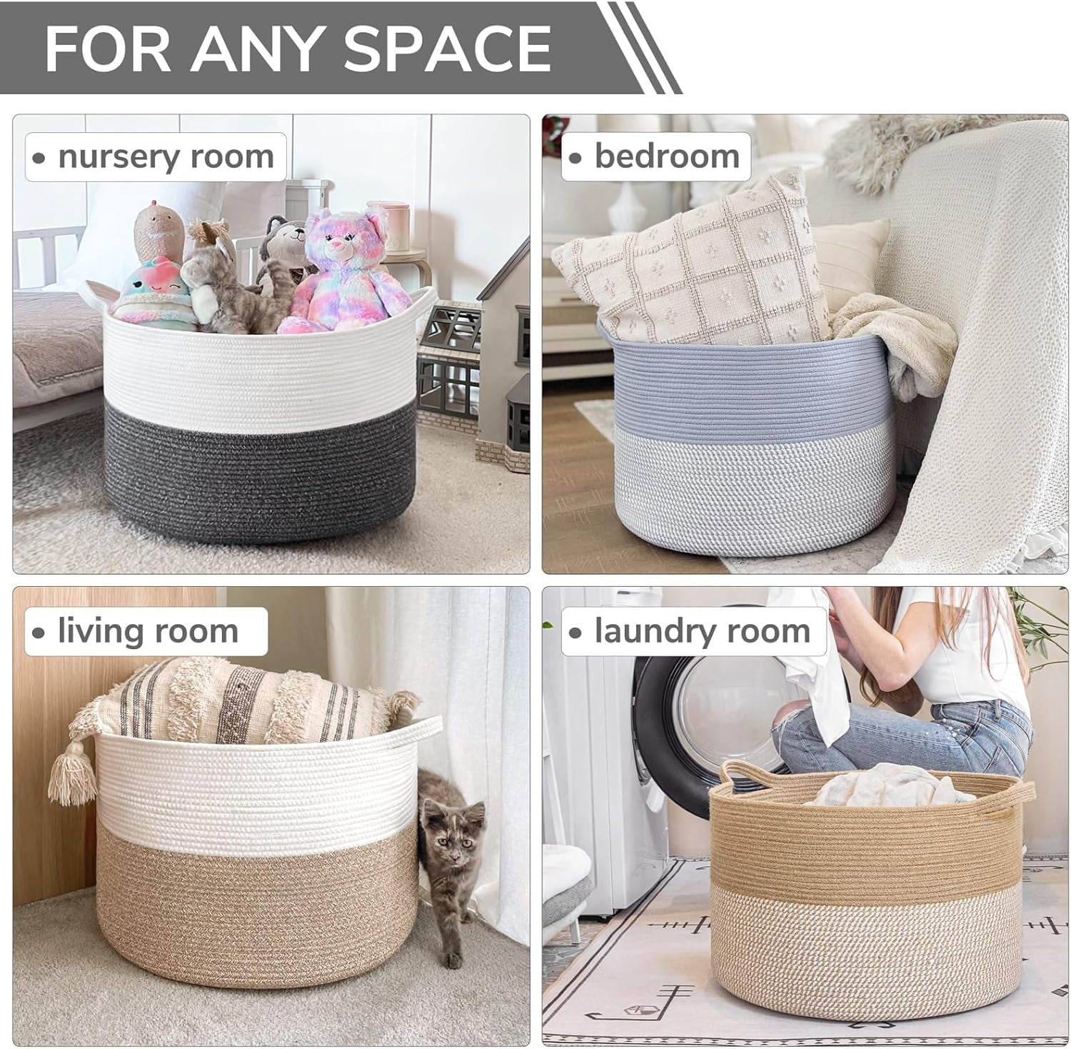 UniMall XXXLarge Cotton Rope Basket 21.7" x 21.7" x 13.8" Woven Baby Laundry Baskets Blanket Basket Toy Baskets with Handle Storage Comforter Cushions Gray Laundry Hamper