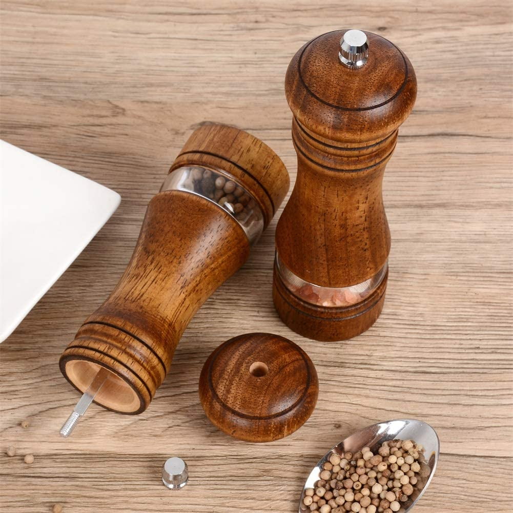 Pepper Grinder,Wood Salt and Pepper Grinder Mills Sets, Classic Manual Salt Grinder Refillable Pepper Mill Sets with Acrylic Visible Window Adjustable Ceramic Grinding Rotor 6.5inch 2 Pack