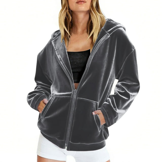 Chandails à Capuchon Surdimensionnés pour Femmes, Chandails en Velours Surdimensionnés à Manches Longues avec Fermeture Éclair et Poche, Col Rond, Grande Taille, Gris Foncé