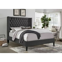 Modern California King Size Platform Bed with Tall Wing Back Headboard Fabric Tufted Bed Frame, Black