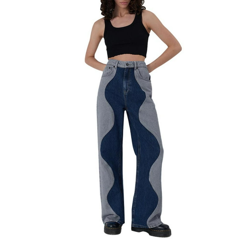 Jeans for Women Women's Denim Color Bump Wavy Straight Leg Pants Womens  Jeans Blue L