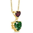 thumbnail image 4 of Gem Stone King 18K Yellow Gold Plated Silver Simulated Green Nano Emerald and Red Rhodolite Garnet Double Heart Pendant Necklace for Women (1.35 Cttw, Heart 8MM and 5MM, with 18 inch Silver Chain), 4 of 5
