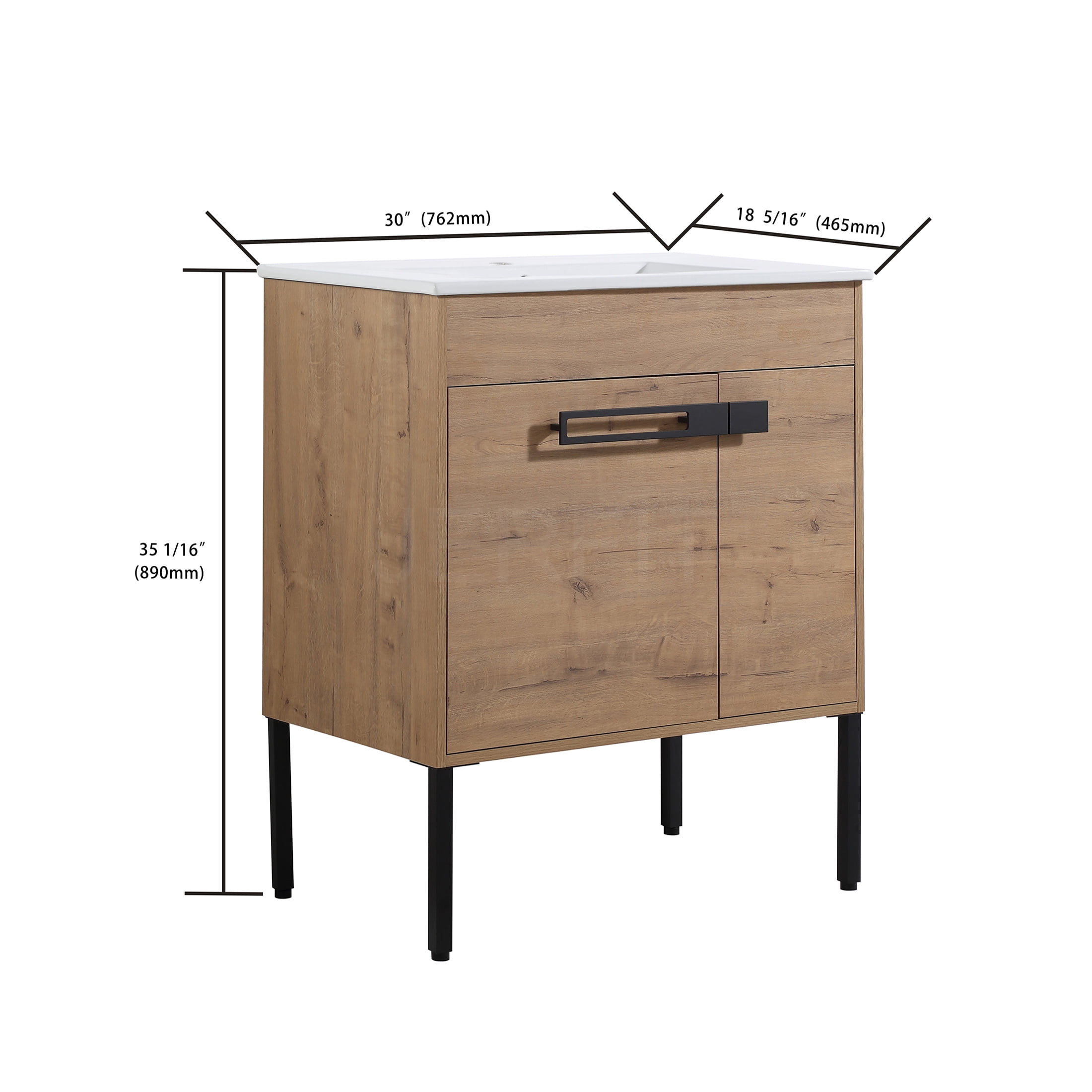 JERFIT 30 Inch Bathroom Vanity with Ceramic Sink, Freestanding or Wall-Mounted Modern Cabinet with Soft Close Doors, Adjustable Shelf, Imitative Oak Finish