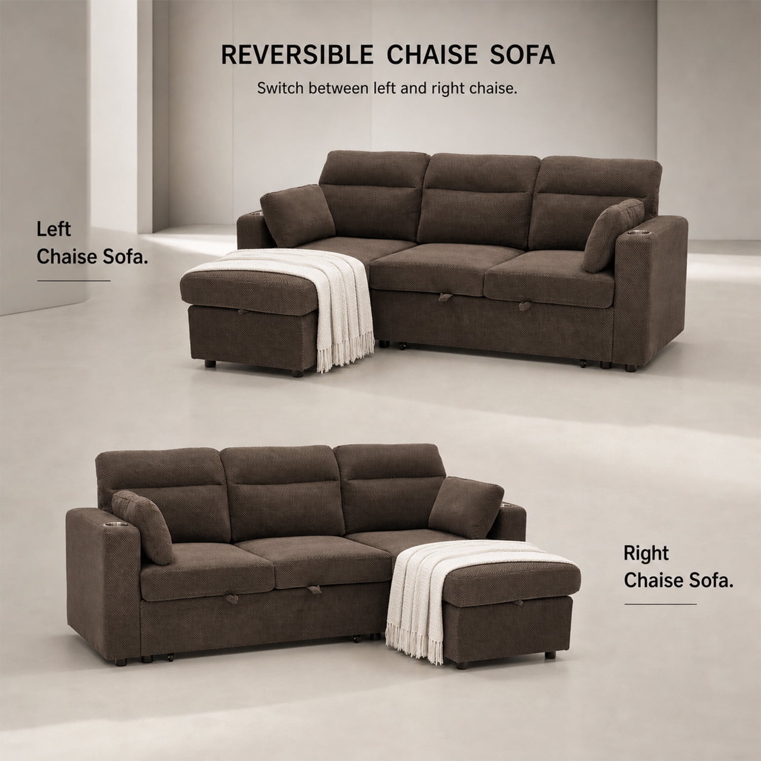 Leumius 82.5" Sectional Sofa with Pull-Out Bed,L-Shaped Sofa with Storage Chaise, Cup Holders and 2 Pillows,Coffee