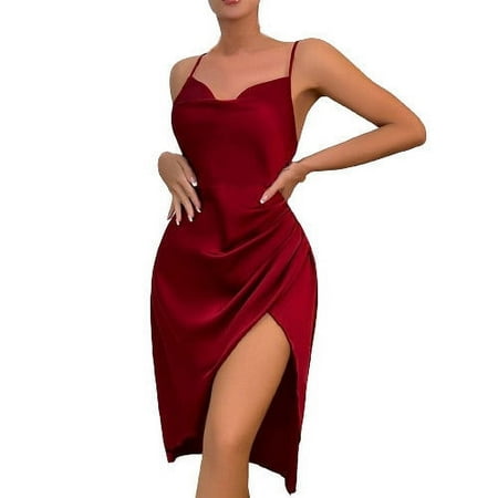 Bride Robe Women Satin Lingerie Sleepwear Elegant Spaghetti Strap V Neck Satin Silk Midi Dress Side Slit Sleepwear Dress S-79 Wine M