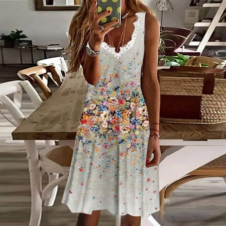 

YanHoo Women s Beach Dresses Summer Boho Lace V Neck Sleeveless Sundress Elegant Casual Print Mini Dress