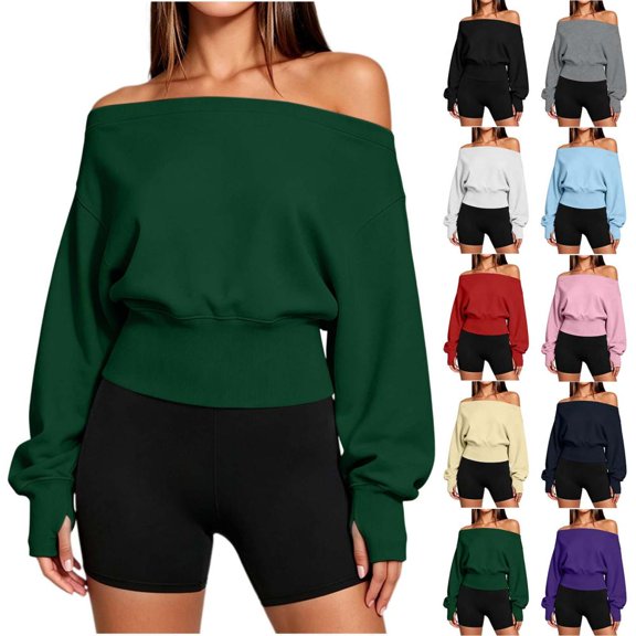 Bxsruta Womens Off Shoulder Tops Long Sleeve Banded Waist Blouses Casual Pullover