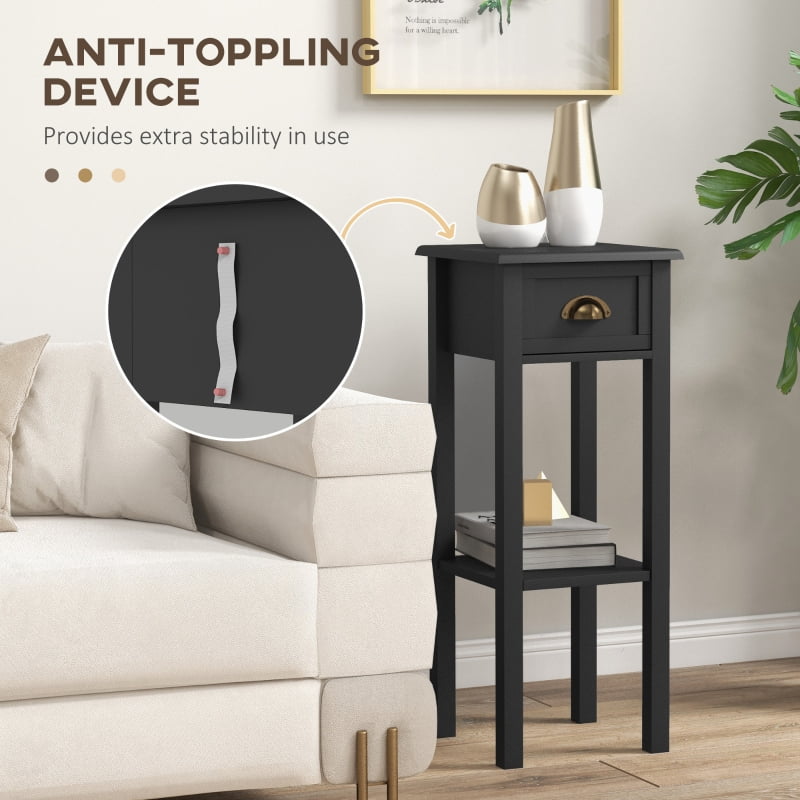 HOQBN 2-Tier Side Tables Set of 2 with Drawer and Shelf, 2-Piece End Table Set for Living Room and Hallway, Black