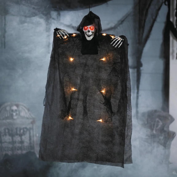 ATC 35 1/2" Hanging Light-Up Skeleton with Hooded Black Cloak Halloween Decoration