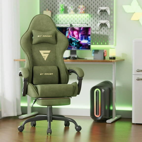 SOONTRANS Gaming Chair with Footrest, High Back Gamer Game Chair for Adult, Velvet Fabric Ergonomic Office Chair with Massage Lumbar Cushion, Reclining Computer Desk Chair ,Green