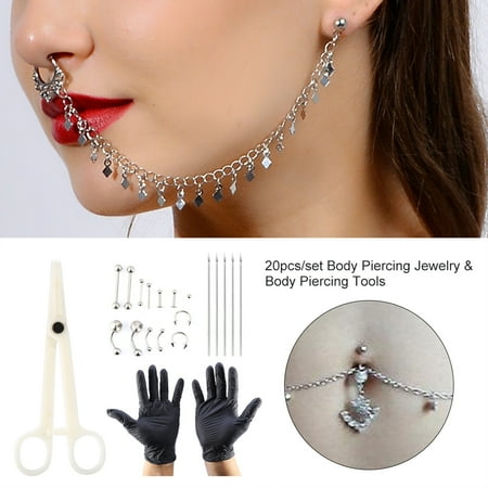 Nose Piercing Tools - Ymiko 20pcs/set Tongue Nose Belly Button Body Jewelry Piercing Rings Clamp Gloves Needles Tool Kit,Piercing Ring Kit,Body Piercing Kit