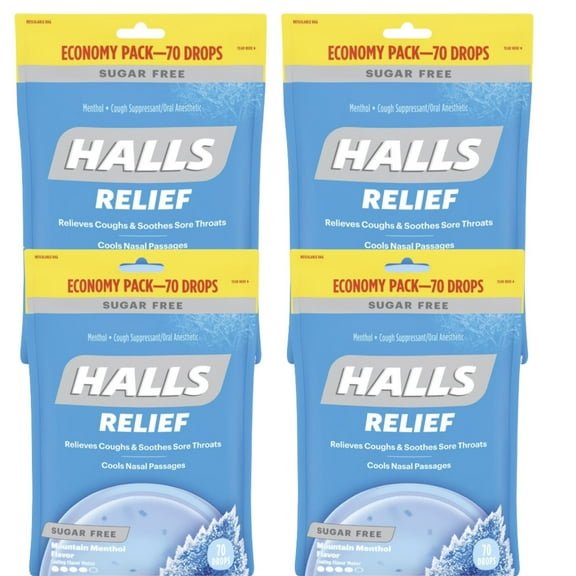 HALLS Relief Mountain Menthol Sugar Free Cough Drops, Economy Pack, 70 Drops - PACK 4