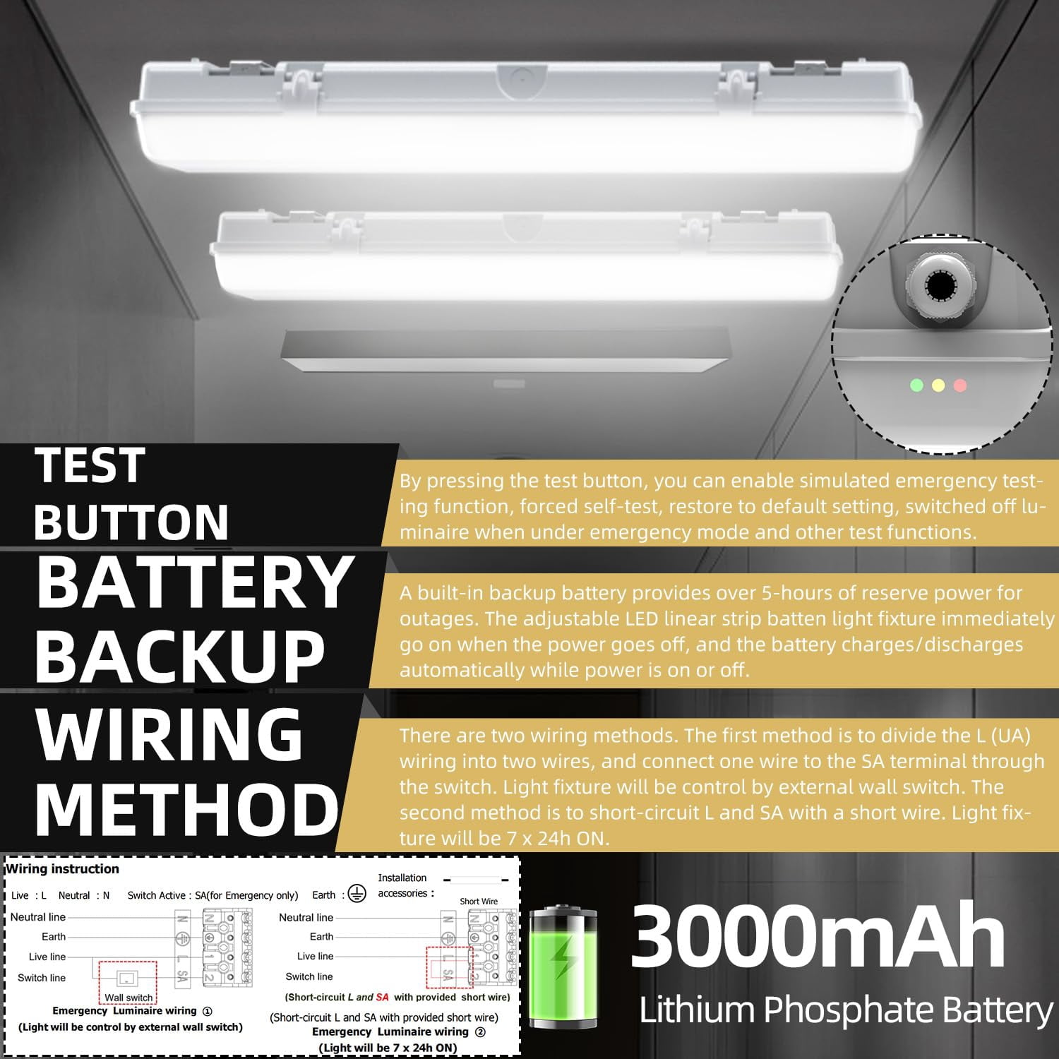 2FT Tri-Level Motion Sensor LED Vapor Tight Emergency Light, Battery Backup, IP65 IK08, 10W(1250lm)/20W(2500lm),5000K, Dimmable,Outdoor Waterproof Shop Light,Vapor Proof Light Fixture for Carport,FCC