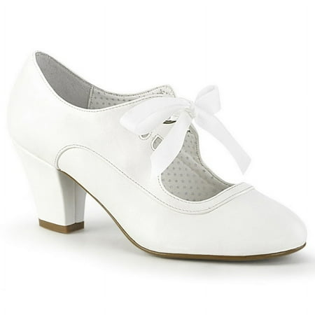 

Pin Up Couture WIGGLE-32 Cuben Heel Mary Jane Pump w/Ribbon Tie & Heart Cutout Detail 2 1/2 Cuben Heel-White Faux Leather-8