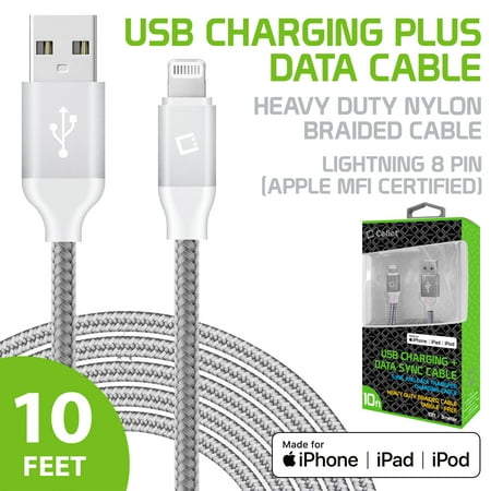 Cellet Premium Lightning 8 Pin Data Sync Cable, Apple MFI Certified Heavy Duty Nylon Braided 10ft. (3m) USB Charging/Data Sync Cable for Apple iPhones, iPads and other Lightning Enabled Devices