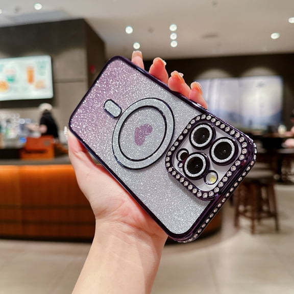 iPhone 15 Pro Case Glitter Bling for Girls Women, Gradient Color Cute Heart Sparkle Magnetic Cover Compatible with Magsafe Fashionable Slim Fit Clear Phone Case for iPhone 15 Pro, Darkpurple