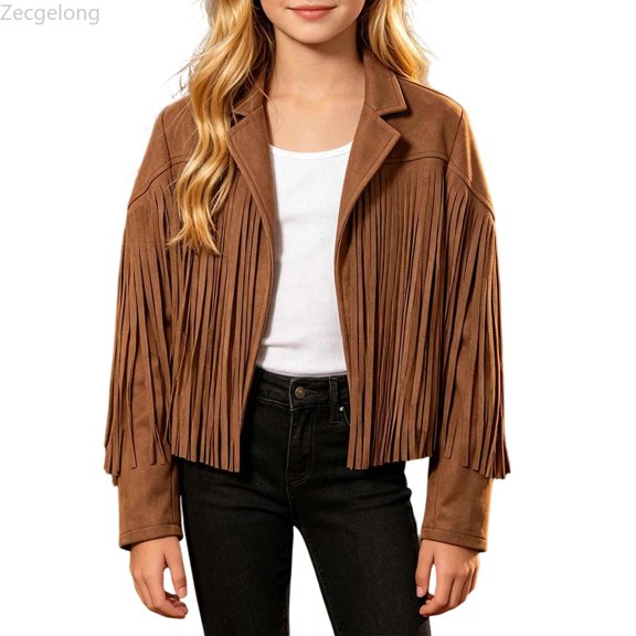Zecgelong Girls Fringe Western Jacket Party Performance Outfit for Kids Brown Size 5-14Y